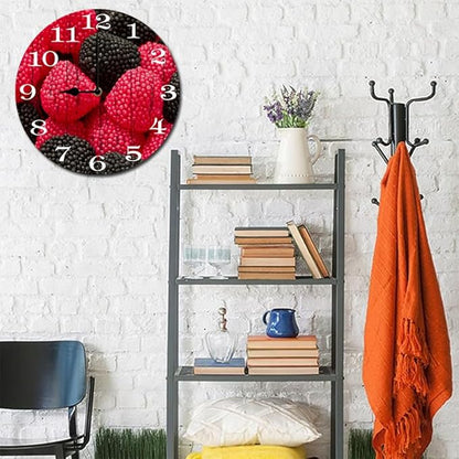 Mulberry Fruit Wall Clock 10 Inch Silent Non Ticking Battery Operated Wooden Modern Office Simple Minimalist Clock Decorative for Kitchen Home Bathroom Living Room