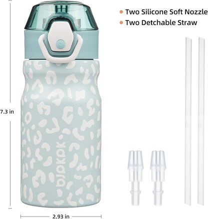 BJPKPK Water Bottle with Straw 14oz Insulated Water Bottles Reusable Stainless Steel Metal Thermal Flask with Leak Proof Lockable Lid and Carry Handle,Light Blue Leopard