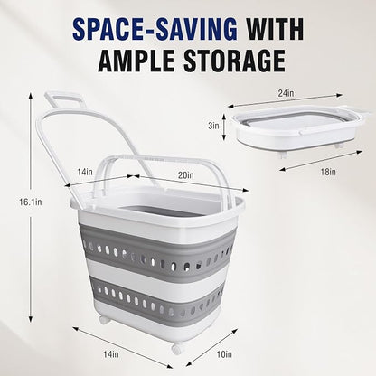 Collapsible Plastic Rolling Laundry Basket Hamper with Wheels, 45L Portable Rubber Clothes Basket, Pop Up Storage Container/Organizer for Washing & Storage, Grey
