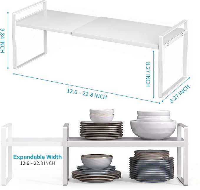 Expandable Cabinet Shelf Organizer, 2 Pack Stackable Metal Storage Rack, Adjustable Width & Height Countertop Spice Rack, Heavy Duty Pantry Cupboard Under Sink Organizer for Kitchen Office