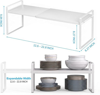 Expandable Cabinet Shelf Organizer, 2 Pack Stackable Metal Storage Rack, Adjustable Width & Height Countertop Spice Rack, Heavy Duty Pantry Cupboard Under Sink Organizer for Kitchen Office