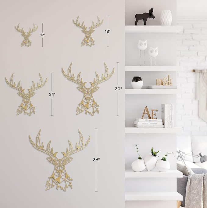SIGNLEADER Metal Wall Art Decor Deer Head Antlered Animal Modern Abstract Wall Sculpture Hangings Home Decoration for Living Room, Bedroom, Bathroom, Kitchen, Outdoor - 36" Gold