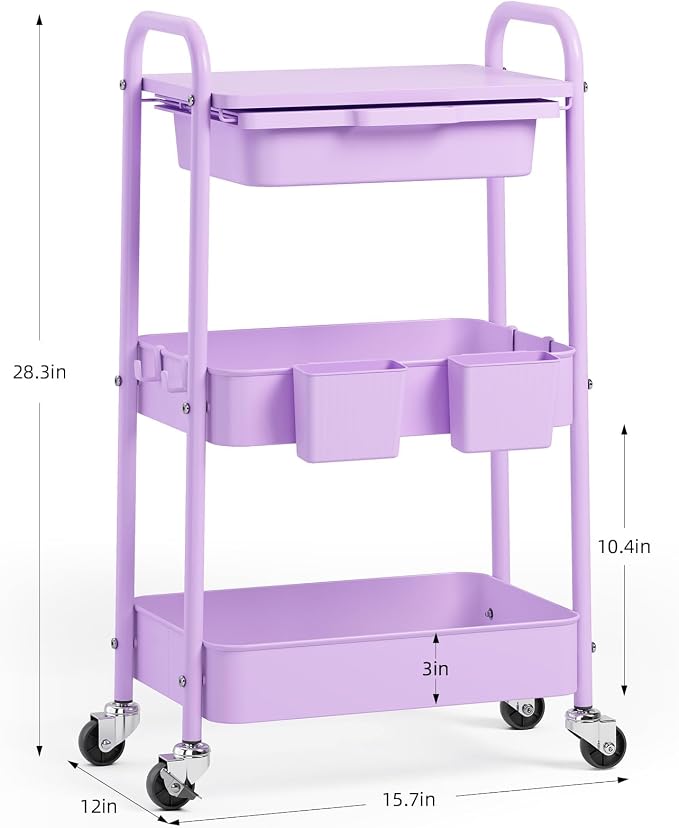 3 Tier Metal Rolling Utility Cart with Drawer & Lockable Wheels - Heavy Duty Multifunctional Storage Organizer with 2 Cups and 4 Hooks for Bathroom, Kitchen, Snack, Craft, Makeup, Baby Essentials