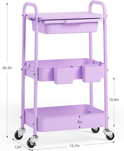 3 Tier Metal Rolling Utility Cart with Drawer & Lockable Wheels - Heavy Duty Multifunctional Storage Organizer with 2 Cups and 4 Hooks for Bathroom, Kitchen, Snack, Craft, Makeup, Baby Essentials