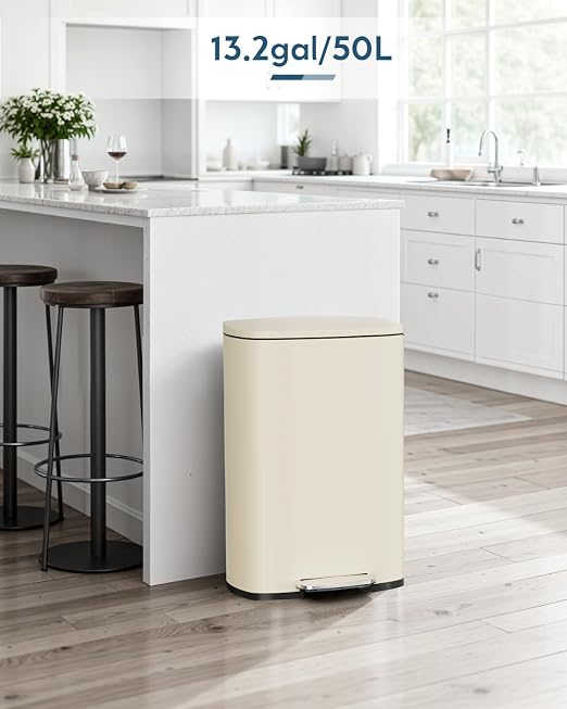 Arlopu 13.2+1.3 Gallon Step Trash Can, Stainless Steel Garbage Bin, Soft-Close Rubbish Bin with Removable Plastic Inner Bucket, Fingerprint-Proof, Lid Dustbin, for Kitchen Home (Beige)