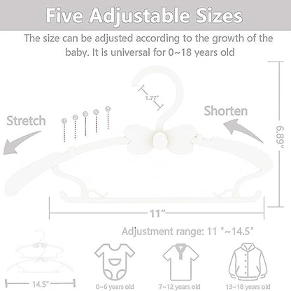 Baby Hangers 30 Pack, 11-14.5" Adjustable Kid Clothes Hangers for Newborn Closet, Plastic Non-Slip Small Infant Hanger for Toddler Pant, Child Coat Percha for Boy Nursery Clothing, Girl Dresses, White