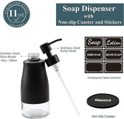 Gaussra Black Soap Dispenser with Coasterand Stickers, Refillable Liquid Stainless Steel Soap Dispenser for Kitchen Sink, Bathroom Countertop (11OZ / 320ML)