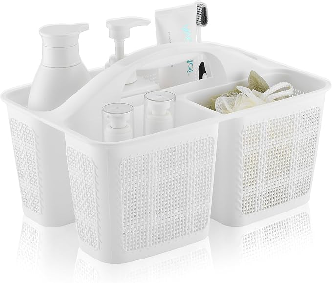 Plastic White Shower Caddy Basket, Divided Cleaning Portable Shower Basket with Handle Compartments Storage Organizer for Bathroom, College, Kitchen, Dorm Room Essentials