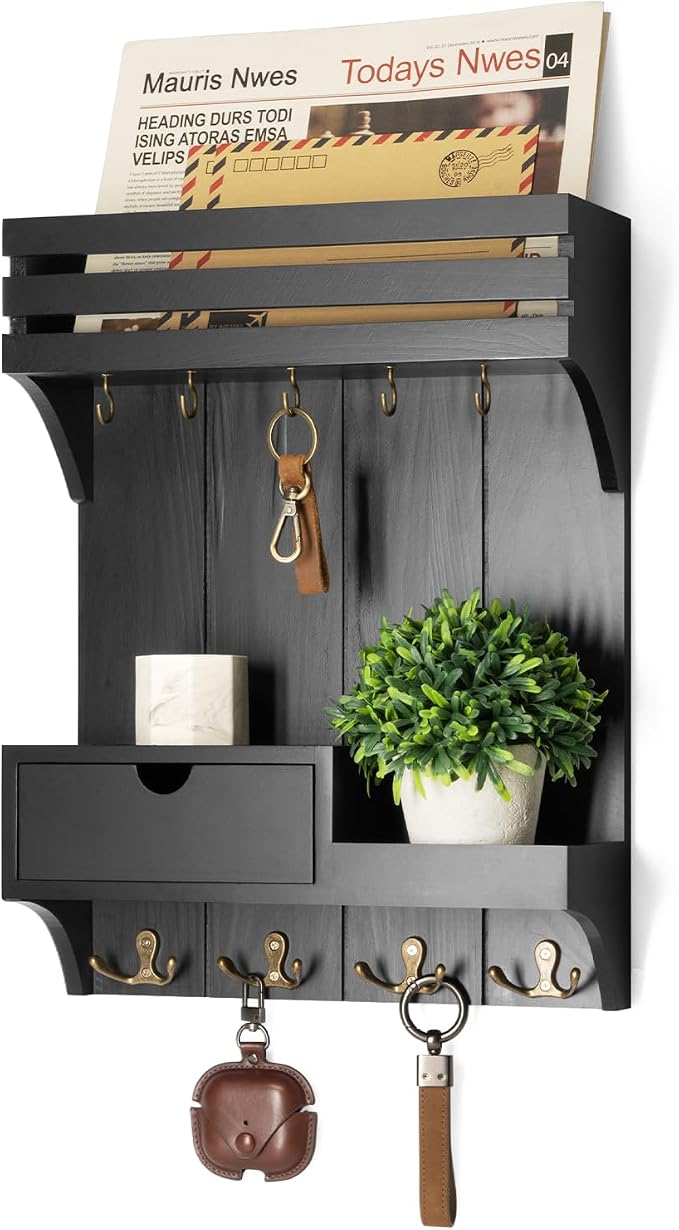 Rebee Vision Modern Key Holder Wall Mount with Mini Drawer Organizer - Decorative Mail Organizer with 9 Key Hooks and Floating Shelf - Stylish Home Decor for Apartment Essentials (Black)