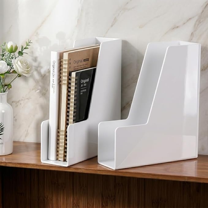 LALOBLUE Vertical Magazine File Holder, White, 4 Pack Folder Organizer | Plastic, Holds Magazines, Folders, Notebooks, Documents, 4 Section Vertical File Folder Holder, magazine file holder