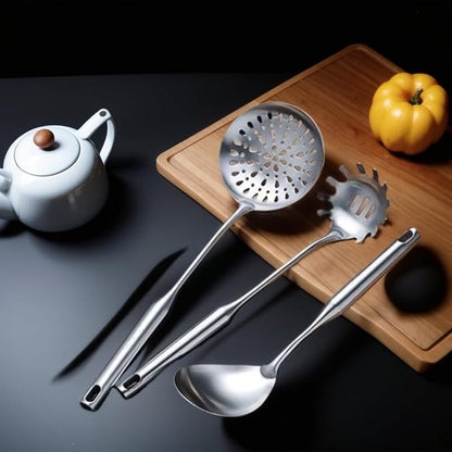 316 Stainless Steel Cooking Tool Set: saute pan spatula ladle, skimmer slotted, pasta, serving spoon, slotted spatula seasoner, dishwasher safe.