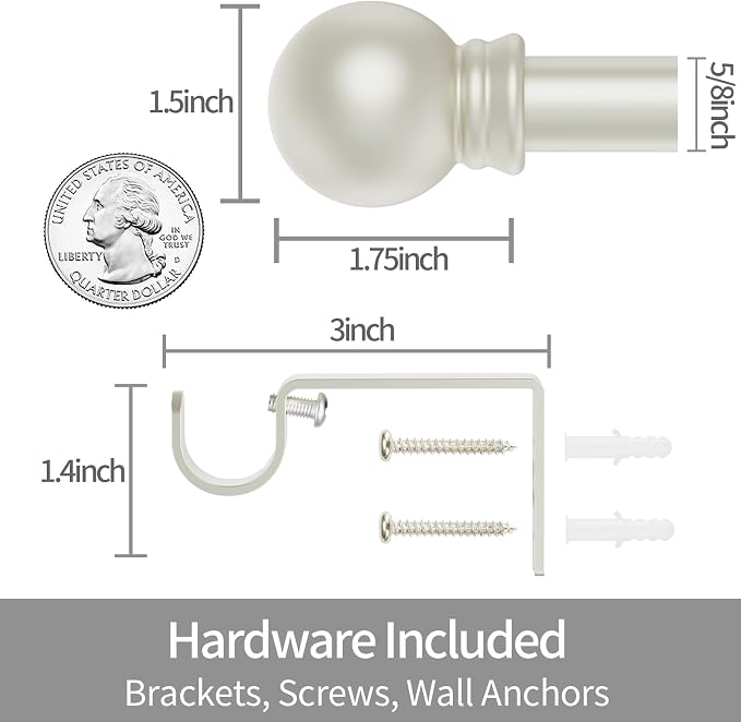 Thestoa Nickel Curtain Rods for Windows 30-46 Inch, 5/8" Stainless Steel Small Curtain Rod for Bedroom, Living Room,Kitchen,Farmhouse