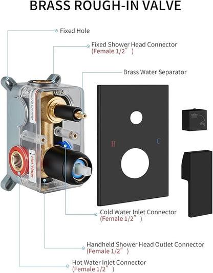 Shower Faucet Set Rainfall Shower System with Square Showerhead and Handle Set Fixture with 2 in 1 Function Handheld Sprayer Wall Mounted Trim Repair Kit Rough-in Valve 8 Inch Matte Black