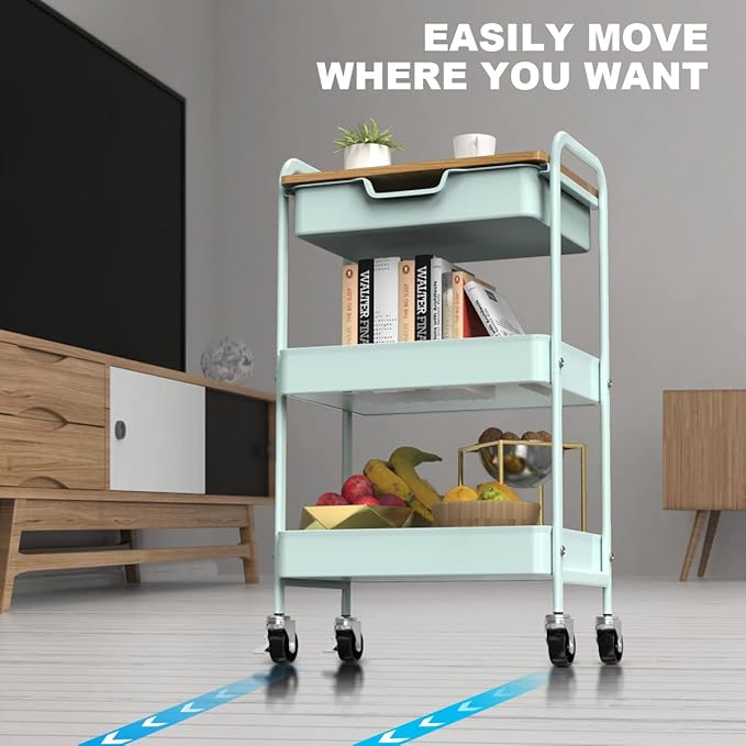 Aratan 3 Tier Rolling Cart, Utility Cart with Drawer and Table Top, Metal Rolling Kitchen Storage Organizer Cart with Handle and Locking Wheels for Bathroom Office Balcony Living Room