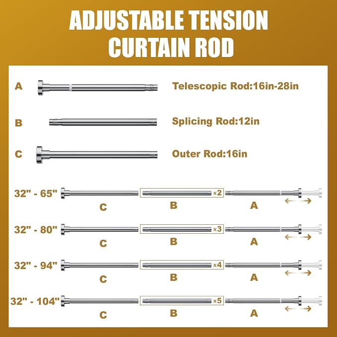 Ausemku Shower Curtain Rod Tension, 32-80 Inch Adjustable Heavy Duty Spring Tension Curtain Rod, No Drill Stainless Steel Telescoping Rod for Bathroom, No Rust, Silver