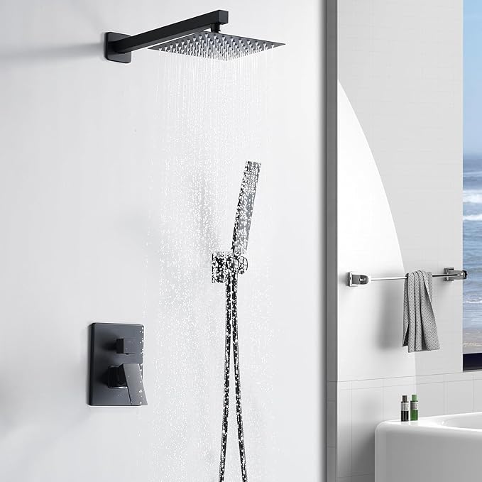 Matte Black Shower Head and Handle Set 10 Inch, Rain Shower Head with 2 Hooks, Luxury Rain Shower Set Square Wall Mount for Bathroom with Rain Shower and Handheld Shower System