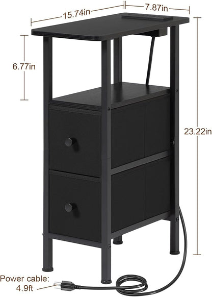 Narrow End Table Living Room with Charging Station, Skinny Side Table with Fabric Drawers, Slim Nightstand for Bedroom, Small Spaces, Couch, Black, HETNDP02BK-1