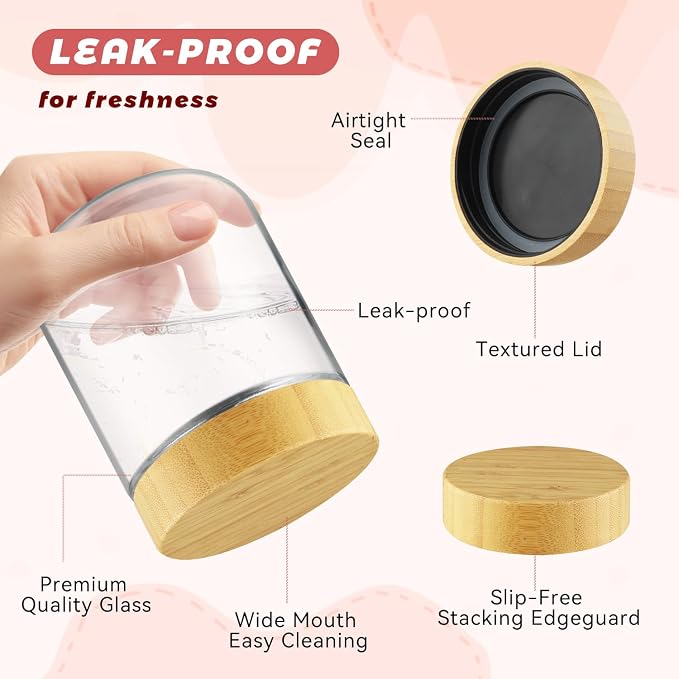Wresty Empty Clear Glass jars with Airtight Lids Overnight Oats Containers Glass Food Storage Containers Glass Mason Jars For Yogurt Snacks Spice Sugar Jam And More (4 Pcs Bamboo Lids, 500ml/16.7oz)