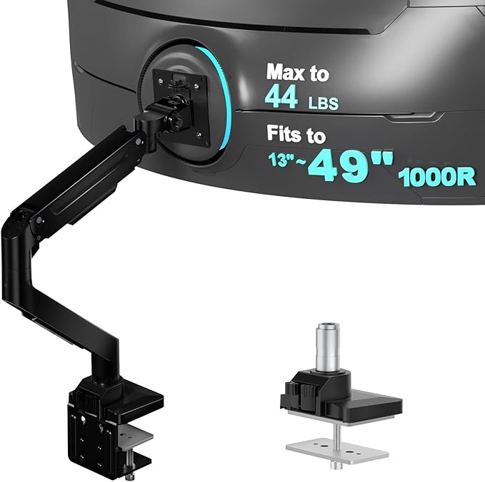 WALI Heavy Duty Single Monitor Arm for 13-49 inch 1000R Curved Screens, up to 44 Lbs, Adjustable Single Monitor Desk Mount with C-Clamp, Grommet Base, 75/100mm VESA Mount (GSM001XL), Black