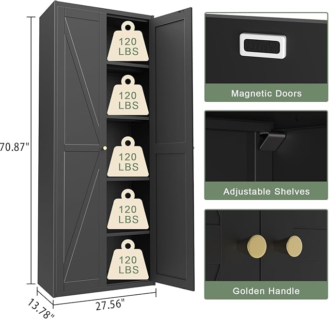 71" Tall Kitchen Pantry Storage Cabinet, Black Metal Storage Cabinets with Doors and Adjustable Shelves,5 Tier Freestanding Kitchen Cupboard for Dining Room Office Bathroom