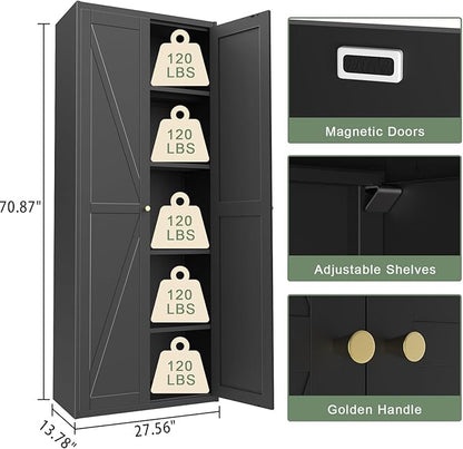 71" Tall Kitchen Pantry Storage Cabinet, Black Metal Storage Cabinets with Doors and Adjustable Shelves,5 Tier Freestanding Kitchen Cupboard for Dining Room Office Bathroom