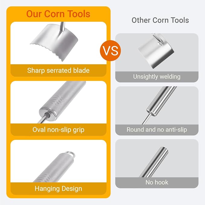 3 Pcs Corn Peeler, Stripper and Holder Set, Stainless Steel Serrated Blade Corn Remover Tool with Long Handle