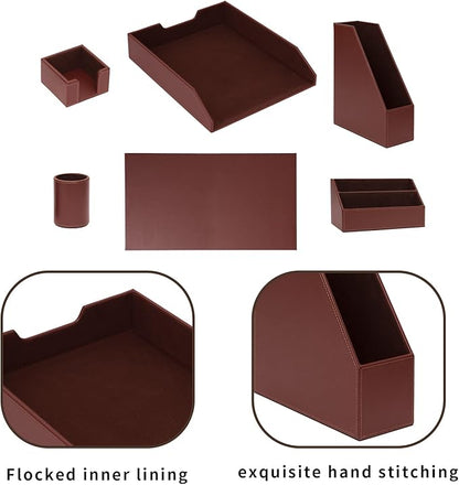 Office Supplies PU Leather 6-Piece Desk Organizer with Writing Pad, Letter Tray, File Folder Sorter, Pen Cup, Note Holder, Business Card Holder - Brown
