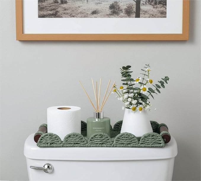 CubesLand Bathroom Toilet Paper Tray Organizer, Scalloped Decorative Tray w/Wood Handle for Counter, Shelves, Wicker Tray for Farmhouse Rustic Home Decor, Coffee Table Decor, Seasonal Decor, Green