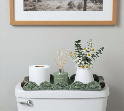 CubesLand Bathroom Toilet Paper Tray Organizer, Scalloped Decorative Tray w/Wood Handle for Counter, Shelves, Wicker Tray for Farmhouse Rustic Home Decor, Coffee Table Decor, Seasonal Decor, Green