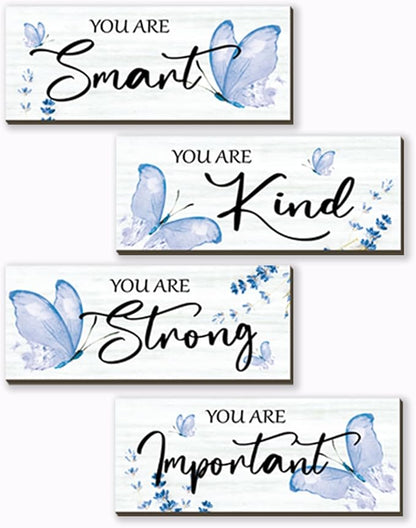 DONFENTHY 4 Pcs Butterfly Wall Decor Blue Room Decor Wooden Positive Decor with Butterfly Inspirational Word Sign for Teen Girls Women Room Bathroom Bedroom Office Decor(Blue,10x4 Inch)
