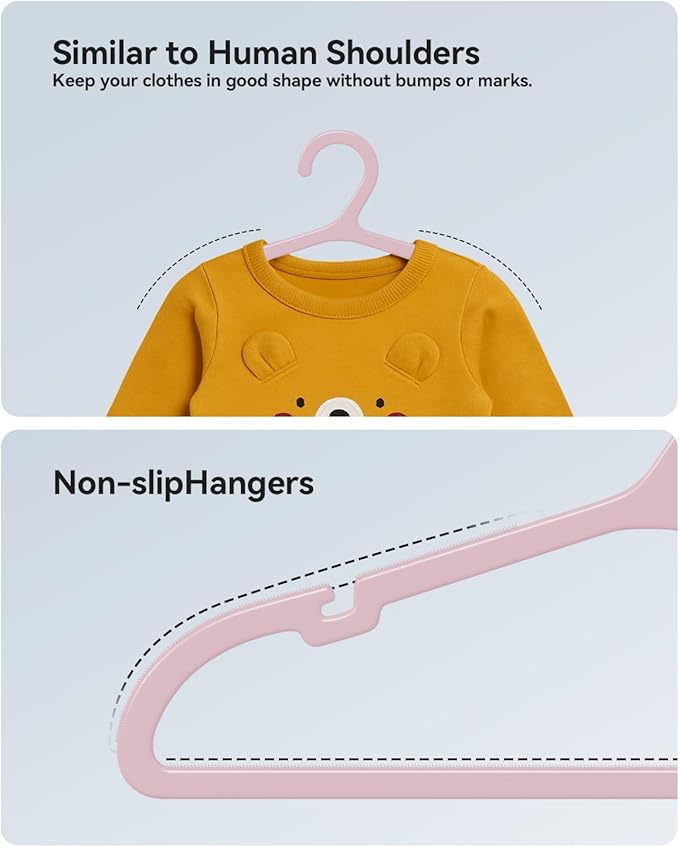 Plastic Kids Hangers, Pack of 60, Ultra Slim Closet Hangers, Non-Slip, Space-Saving, Sturdy, 14" W x 7" H (for Children Aged 7-12 Years),Light Pink, UAPY0760P