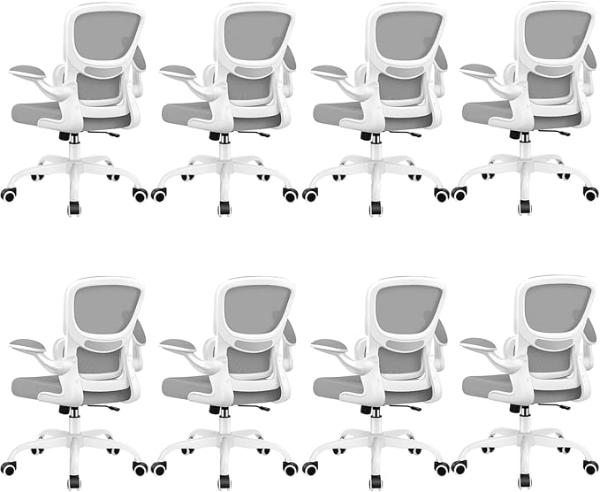 Office Chair Ergonomic Desk Chair, Breathable Mesh Comfy Chair with Lumbar Support, Home Desk Chair with Flip-up Armrests, Gaming Chair for Adults Home Office (LightGray,8Pack)