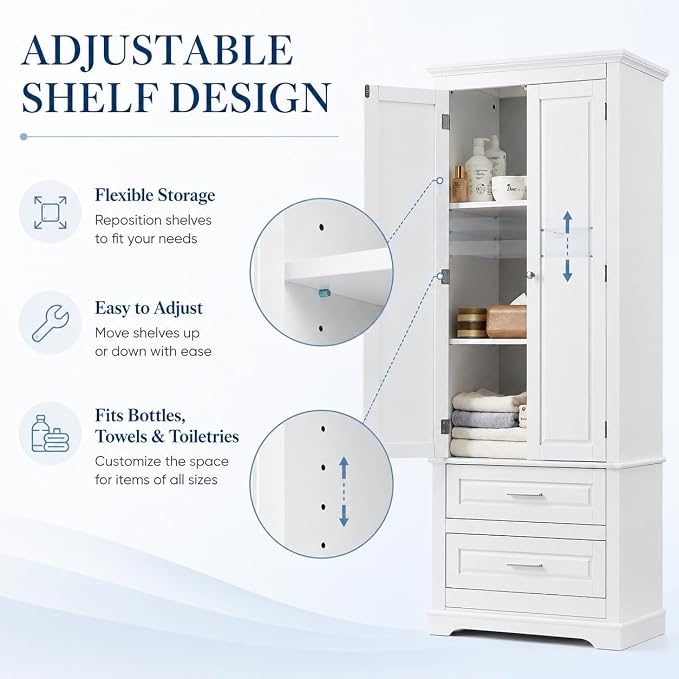 Storage Cabinet, Tall Bathroom Cabinet with Adjustable Shelf | Tall storage cabinet, upper enclosed cabinet and 3 pull-out compartments keep daily essentials organized