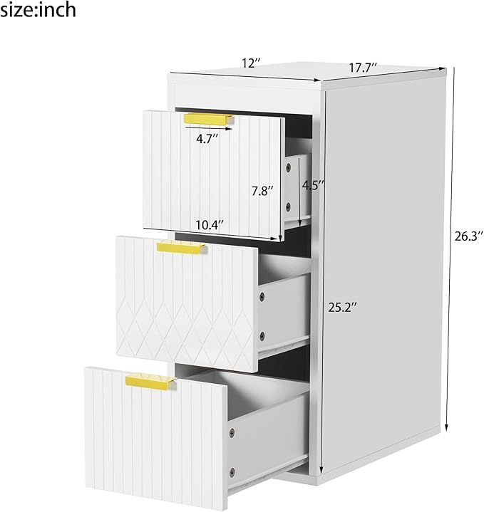 12 Inch Floating Bathroom Side Cabinet, Wall Mounted Bathroom Storage Cabinet with 3 Drawers, Modern Slim Organizer with Decor Line, Gold Metal Pulls