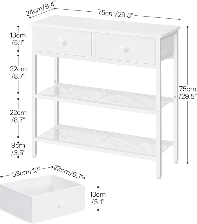 HOOBRO 29.5" Narrow Console Table with 2 Fabric Drawers, Sofa Table, Small Entryway Table with 3-Tier Storage Shelves, Behind Couch Table, for Living Room, Hallway, White WW72XG01G1