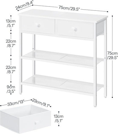 HOOBRO 29.5" Narrow Console Table with 2 Fabric Drawers, Sofa Table, Small Entryway Table with 3-Tier Storage Shelves, Behind Couch Table, for Living Room, Hallway, White WW72XG01G1