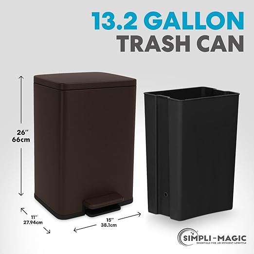 Simpli-Magic 50 Liter / 13.2 Gallon Soft-Close, Smudge Resistant Trash Can with Foot Pedal and Built in Filter- Brown