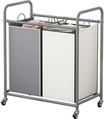 SUOERNUO Laundry Sorter Basket 2 Bag Laundry Hamper Cart with Rolling Lockable Wheels and Removable Bags Laundry Organizer Cart for Clothes Storage (Grey+Beige, 2 Bags)