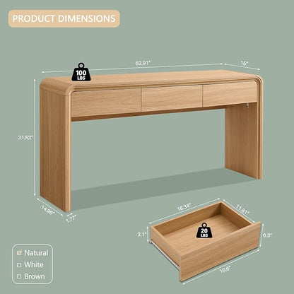 63'' Console Table with 3 Drawers, Modern Entryway Table with Curved Profile Design, Narrow Long Wood Sofa Table Behind Couch Table for Living Room, Hallway, Foyer, Natural