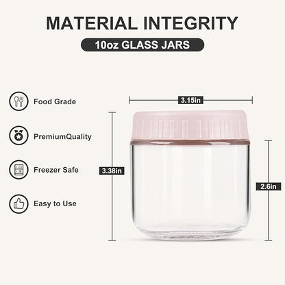 SHOWIN Overnight Oats Containers with Lids, 10oz Glass Jars with Lids 4 pcs, Wide Mouth Mason jars for Salad, Yogurt, Snacks, Meal Prep