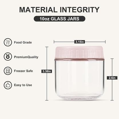 SHOWIN Overnight Oats Containers with Lids, 10oz Glass Jars with Lids 2 pcs, Pink, Wide Mouth Mason jars for Salad, Yogurt, Snacks, Meal Prep