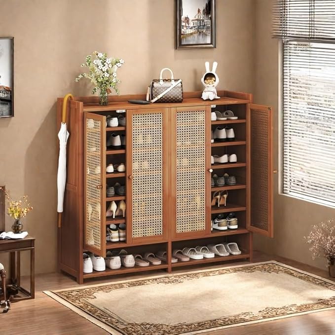 Bamboo Shoe Cabinet, 8-Tier Shoe Storage Cabinet with Doors, Freestanding Bamboo Shoe Rack Organizer with Shelves for Entryway, Hallway, Closet, Living Room