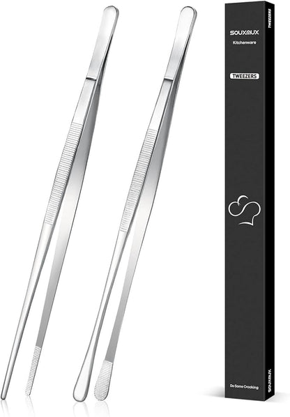 2 Pcs 12-inch Cooking Tweezers Tongs Precision Serrated Tips, Stainless Steel Professional Chef Tweezer Kitchen Tools for BBQ, Plating and Serving（Silver）