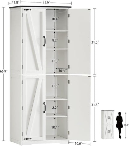 TEENFON Tall Pantry Cabinet, Kitchen Cabinet with 4 Shelves, Adjustable Shelves, Pantry Cabinets with 4 Barn Doors, Tall Kitchen Cabinets for Dining Room, Living Room, White