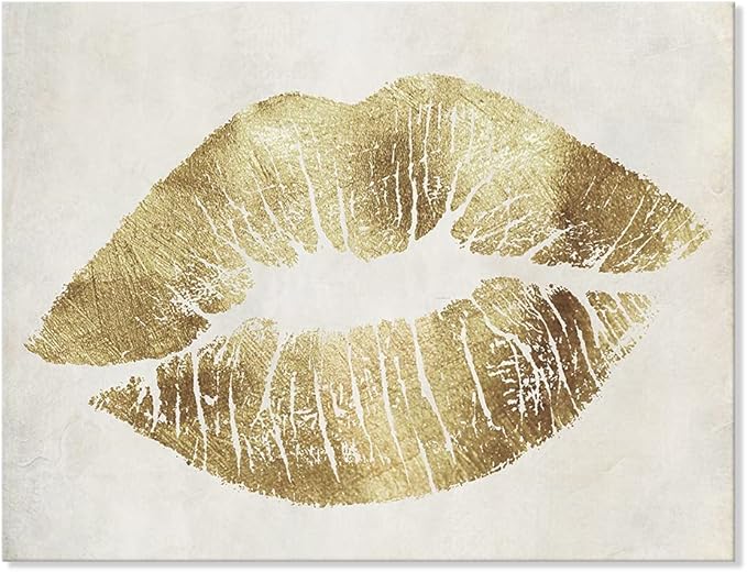 7CANVAS Gold Sexy Lips Wall Art Fashion Decor Vintage Lips Print Picture Stretched Wall Art For Bedroom Home Decor Ready to Hang 16x12Inch