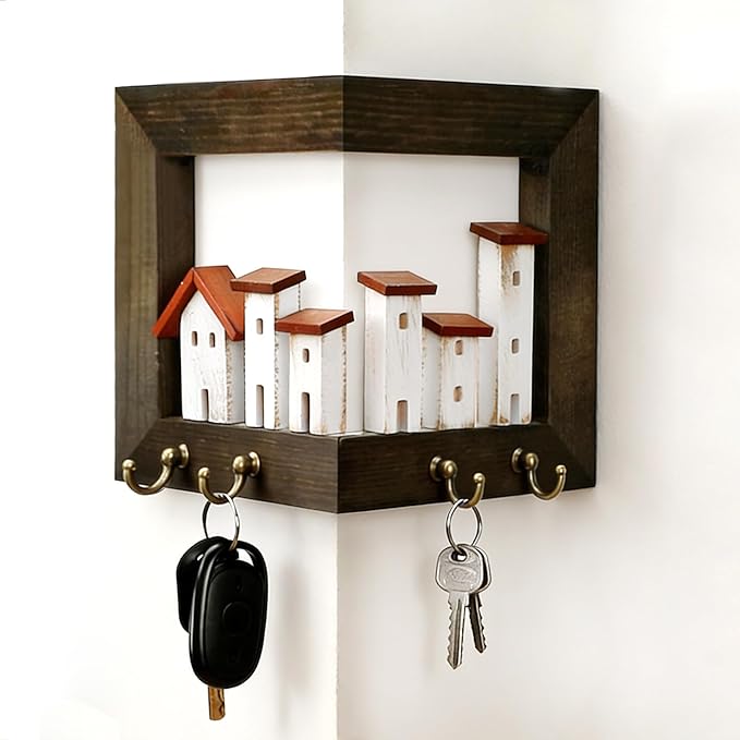 3D Key Holder Wall Mount, Rustic Wood Keys Hanger Organizer Rack for Wall with 4 Hooks and Village Scene, for Farmhouse Entryway Hallway Bedroom, Drilling and Assembly Required (Rustic)
