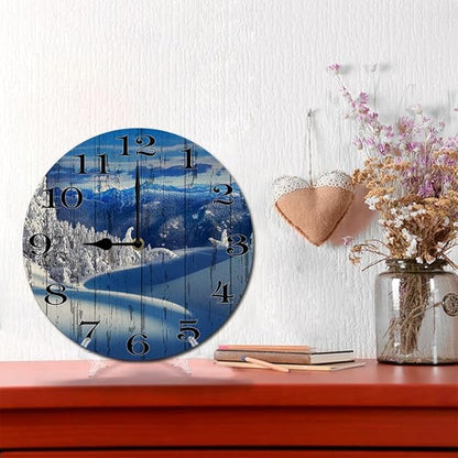 Snow Scene Wall Clock 10 Inch Wooden Battery Operated Autumn Forest Maple Leaves Wall Clocks Decorative Indoor,Decorative for Kitchen Bathroom Bedroom