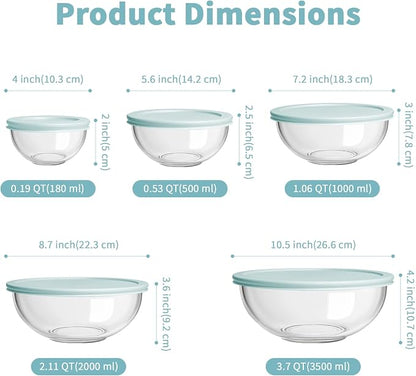 WhiteRhino Glass Mixing Bowl with Lids Set of 5, 0.2, 0.5, 1.1, 2.1, 3.75 QT, Large Salad Bowls with BPA-Free Lids, Space-Saving Nesting Bowls for Kitchen Food Storage, Glass bowl for Cooking, Baking