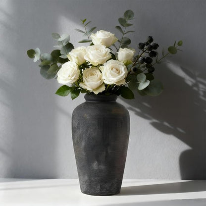 NEBRYX Large Ceramic Vase, 11 inch Minimalist Vase for Home Decor, Handmade Farmhouse Flower Vase for Table Centerpiece, Wedding, Living Room, Kitchen Decoration, Shelf Decor (Black)