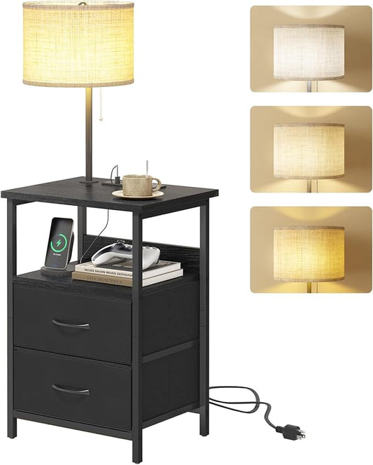 Fixwal Bedside Table with 3 Color Temperature Reading Light, Nightstand with LED Light & Charging Station End Table with Adjustable Fabric Drawer for Bedroom, Dorm, Black